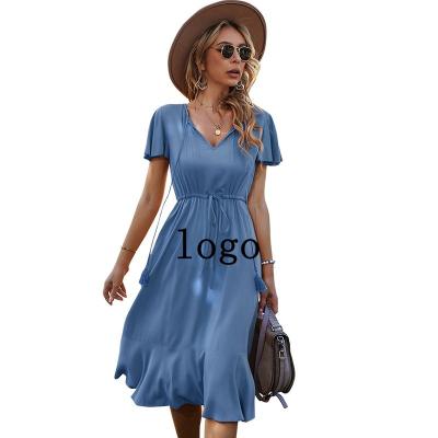 China Summer Anti-Static Tassels Bandage Solid Color Shorts Sleeve High Waist Drawstring Edge Ruffles Dress For Women for sale