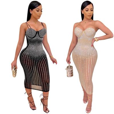 China 2021 Hot Sale Anti-Static Dress Fashion Trend Ladies Autumn Mesh Rhinestone Casual Woman Midi Fall Nightclub Women's Sexy Dresses for sale