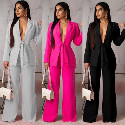 China Anti-Wrinkle Solid Color Loose Belt Two-Piece Set Office Wear For Lady Business Suit Women Women Suits for sale