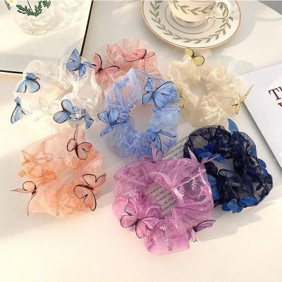 China Wholesale Fashionable Party Women Design Elastic Bands Mesh Chiffon Floral Scrunchies Butterfly Three-Dimensional Scrunchies for sale