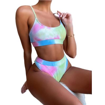 China FS Breathable 2021 Tie Dye Printing Bikini Sets Two Piece Bustier Straps Women Ladies Triangle Swimwear Bathing Suits Swimwear High Waist for sale