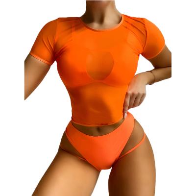 China FS 2021 New Breathable Orange Short Sleeve Bikini Sets Women Ladies Swimwear Swimwear 3 Piece Mesh High Waist Wholesale Swimwear for sale