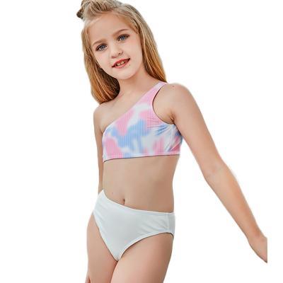 China FS 2021 new cute triangle bikini breathable set two-piece one shoulder print swimsuit girl children swimwear swimwear wholesale for sale