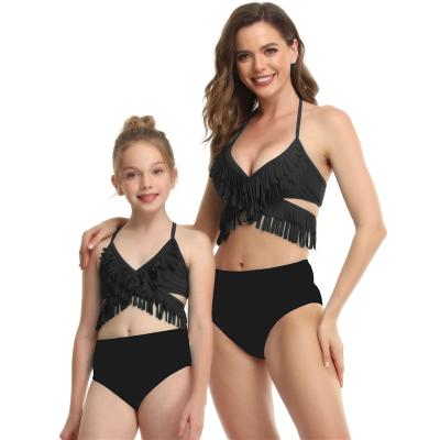 China FS Breathable Black Cross Tassel Straps Mom Girl Children Bikini Set Two Piece Swimwear Parent-child Family Swimwear V-neck High Waist for sale