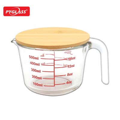 China Trend Pyrex Prepware Viable Glass Measuring Cup With Bamboo Lid Glass Measuring Jar for sale