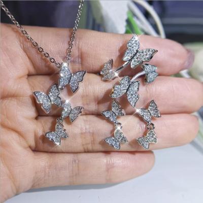 China Cute Cute Butterfly Necklace Earring Luxury Sets Women Wedding Bridal Jewelry Accessories With Adjustable Zircon Ring for sale