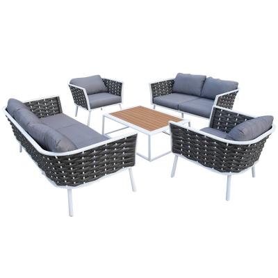 China Eco-freindly outdoor woven garden patio leisure sofa furniture set hotel rope fabric waterproof sofa and coffee table for sale