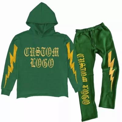 China Other Custom Cropped Hoodie And Stacked Two Piece Set Pants Breath Printed Logo Sweatpants And Hoodie Set for sale