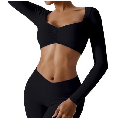 China New Design Women's Sexy Long Sleeve Anti-Pilling Yoga T-Shirt Crop Tops Low Cut Solid Color Slit Deep Neck Long Sleeve Yoga T-Shirt for sale