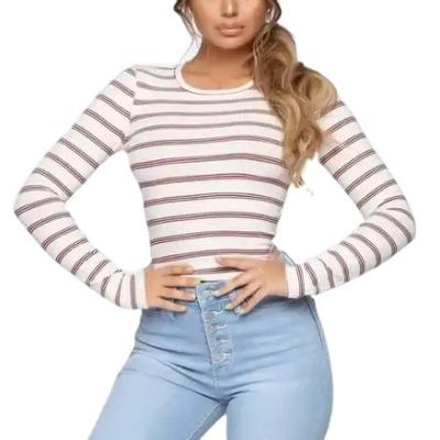 China OEM Anti-pilling Women's Long Sleeve Tops Fashion Customization Crew Neck Sheath Long Print Striped Elastic Crop Top Blouse For Women for sale