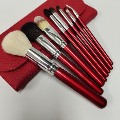 China Goat Hair With Red Goat Hair Wooden Handle 8pcs Handle Makeup Brush Set With Red PU Pouch for sale