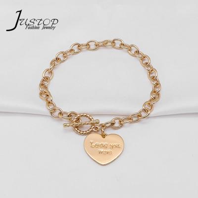 China Environmental Friendly Gold Plated Fashion OT Clasp Engrave Coarse Heart OT Chain Bracelets Pendant Gift for sale