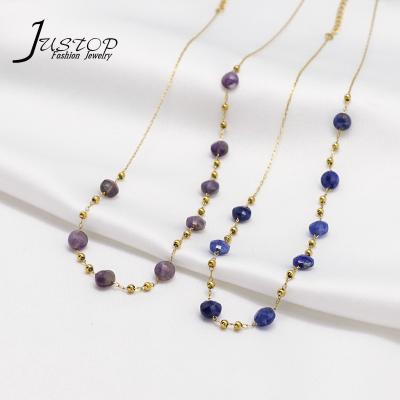 China Environmental Friendly 18K Stainless Steel Beads Chain Natural Lazulite Lazurite Necklaces Jewelry Stone Prices for sale