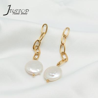 China Environmental Friendly 18k Gold Plated Stainless Steel Link Chain Long Dangle Earrings With Baroque Pearl for sale