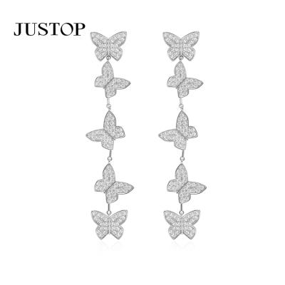 China Long Stud Earrings Butterfly Cubic Zirconia Pendant Exquisite Shiny Luxury Custom Jewelry Lead Free Nickel Free Women White Gold Plated for sale