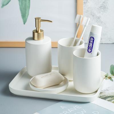 China Viable Black White Bathroom Wash Set Simple Ceramic Home Wash Soap Dish Cup Mouthwash Dispenser Soap Hand Accessory Suit for sale