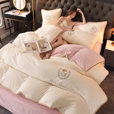 China Disposable Embossed Solid Color Milk Velvet Thickened Warm Moisture Absorbent Breathable Set Four Piece Ruffle Bed Skirt Bedding Sets for sale