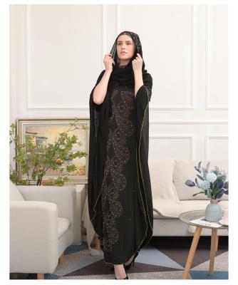 China Muslim Women's Style Black Chiffon Nylon Ironed Diamond Sleeve Bat Maxi Dress 2021 On New Middle East Border Dubai for sale