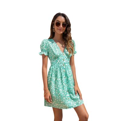 China OEM Fashion Lady Summer Elegant Breathable Boho Custom V-Neckline Dresses Women Casual Floral Short Sleeve Maxi Dress for sale