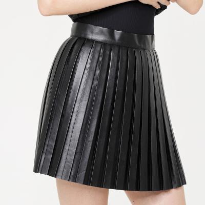 China Casual Women's High Waist Sexy Waterproof Fancy Black Girl's Lace Leather Pu Mini Pleated Skirt for sale