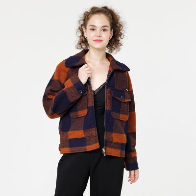 China Reversible 2021 Orange Wool Pocket Zipper Short Plaid Jacket Coat Women for sale