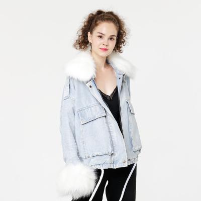 China Facotry Reversible Wholesale Real Fur Collar Washed Winter Coat Jeans Jackets Women for sale