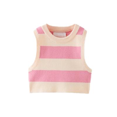 China Fashion Anti Shrink Custom Girls Vest Top Cute Sleeveless O Neck Ribbed Striped Knit Tank Top Vest Kids for sale