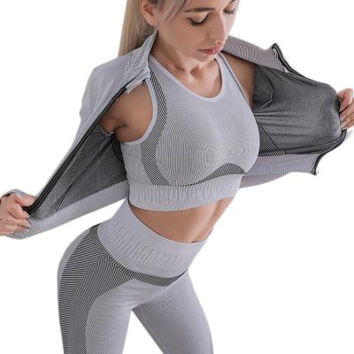 China Breathable Long Sleeve Crop Sports Bra Top Gaiters 3 Pieces Set Workout Seamless Gym Wear Yoga Athletic Apparel for sale