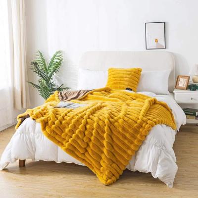 China 100% Folded Polyester PV Rabbit Fur Blanket With Super Soft Velvet Backing Double Layer Blanket Faux For Bedspread Or Hotel Decoration for sale