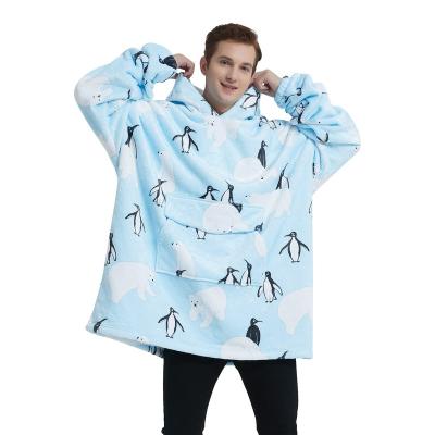 China Custom Women's Winter Sherpa Fleece Sweatshirt Hoode Luxury Warm Sky Blue Penguin Poncho Hooded Wearable Blanket Hooded Sweatshirt for sale