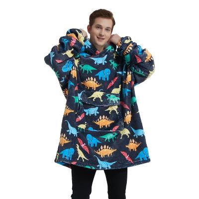 China Custom Logo Lazy Outdoor Super Soft Wearable Warm Mens XL Fleece Blanket Hooded Dinosaur Print for sale