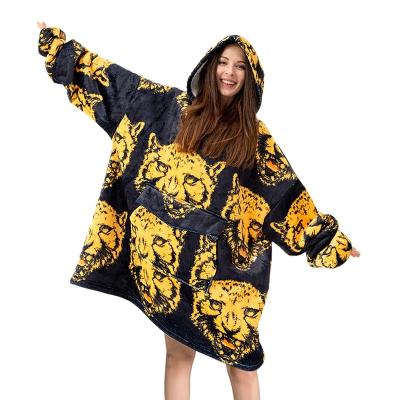 China Animal Polynesian Leopard Logo Print Custom Wearable Winter Wearable Hooded Leopard Soft Heavy Blanket Wool Fleece Blanket With Sleeves Hooded Swe for sale