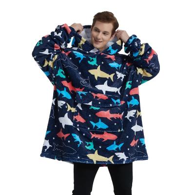 China Custom Portable Hoodie Shark Tv Blanket Unisex Hooded Sweater Blanket With Hood And Giant Pocket for sale