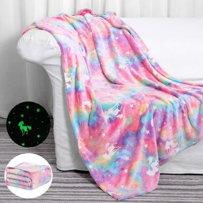 China Folded Rainbow Unicorn Blanket Baby Glow In Bright Dark Glow Blanket Flannel Blanket for sale