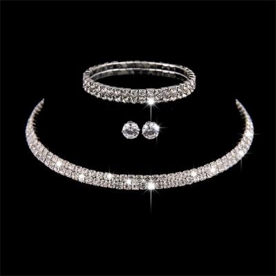 China Vintage Rhinestone Necklace Bracelet Earring Jewelry Set Bridal Wedding Accessories Copper Plated Silver Set for sale