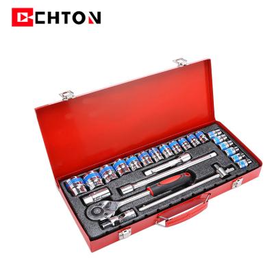 China Car Repair 24 Pcs Metal Case 1/2 Driver Ferramentas Automotivas Spanner Tool Kits For Car Repair Ratchet Socket Wrench Set for sale