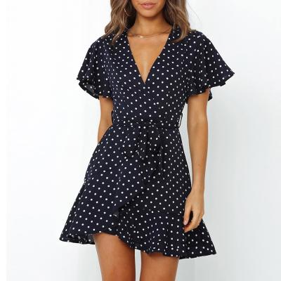 China 2021 Summer Print Breathable V-Neck Polka Dot Polka Dot Dress Chiffon Short Sleeve Lace Up Dress for sale