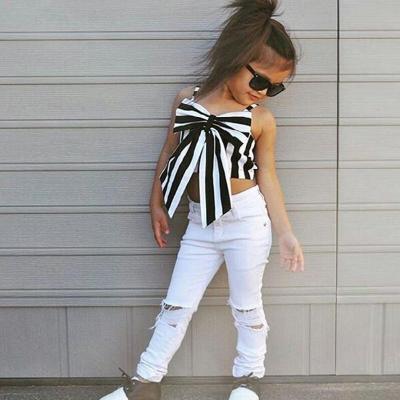 China 2021 summer girls fashion clothing set nc casual clothing stripe trendy top and pants bow knot clothing sets for girls for sale