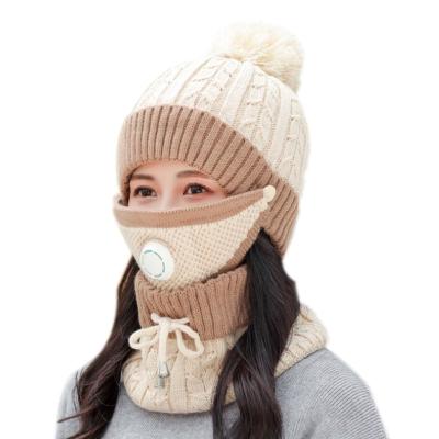 China Mid 2021 3 Pcs / Set Fashion Knitted Hat Scarf Set Ladies Woman Outdoor Winter Warm Scarf Hat for sale