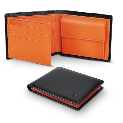 China Orange Men's RFID Black Wallets RFID Blocking Genuine Leather With Button Coin Pocket Purse Fashion Slim Minimalist Wallet for sale