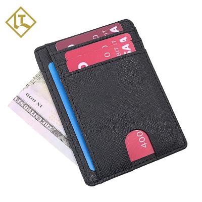 China Custom Made Minimalist Logo Mens Slim Rfid Blocking Credit Card Genuine Leather Holder for sale