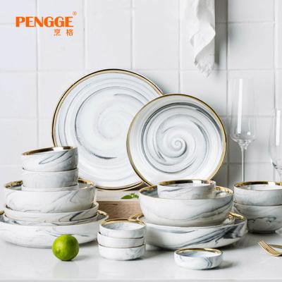 China Sustainable Hot Sale Nordic Color Glaze Marble Gold Rim Dishes Plate Sets Crockery Tableware Porcelain Ceramic Dinner Plate Dinnerware for sale