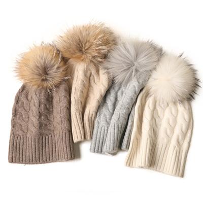 China 2021 COMMON women's hat hot sale hot winter knitted real adult 100% cashmere beanie pom pom for sale