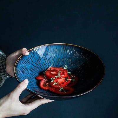 China New personality stocked retro kiln turned blue creative large soup bowl restaurant dish noodle ceramic bowl for sale