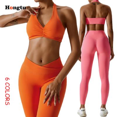 China Breathable Custom Designer Halter Women Yoga Sports Bra High Strength Shockproof Yoga Pants Set 2 Pieces Set for sale