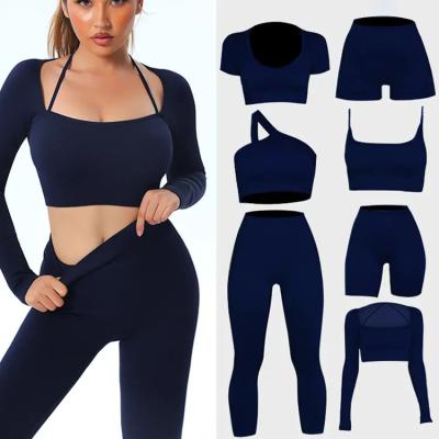 China Breathable Custom Seamless Logo 6 Pcs Yoga Wear Active Sports Suits Leggings Workout Teams Gym Fitness Ribbed Sets for sale