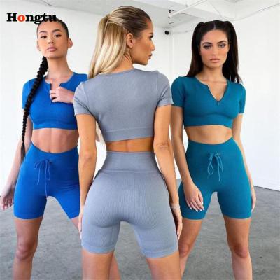 China Breathable Custom Logo Sportswear Women's Seamless Logo Yoga Wear Activewear Workout Gym Top Fitness Shorts Wear 5 Piece Yoga Legging Set Sets for sale