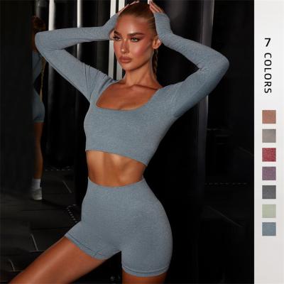 China Logo Seamless Jogging Tops Shorts Custom Made Breathable 2 Piece Suit Summer Gym Fitness Workout Sports Bra And Shorts Yoga Set for sale