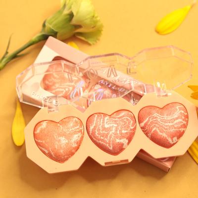 China Waterproof Baked Heart Shaped Face Blush 3 Colors Smooth Pigmented Glitter High Blush Palette Private Label Blusher for sale