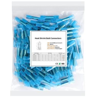 China 100pcs Blue Industry Heat Shrink Butt Connectors, A.W.G. 16-14 Waterproof Crimp Wire Electrical Splice For Marine , Cable , Wiring for sale